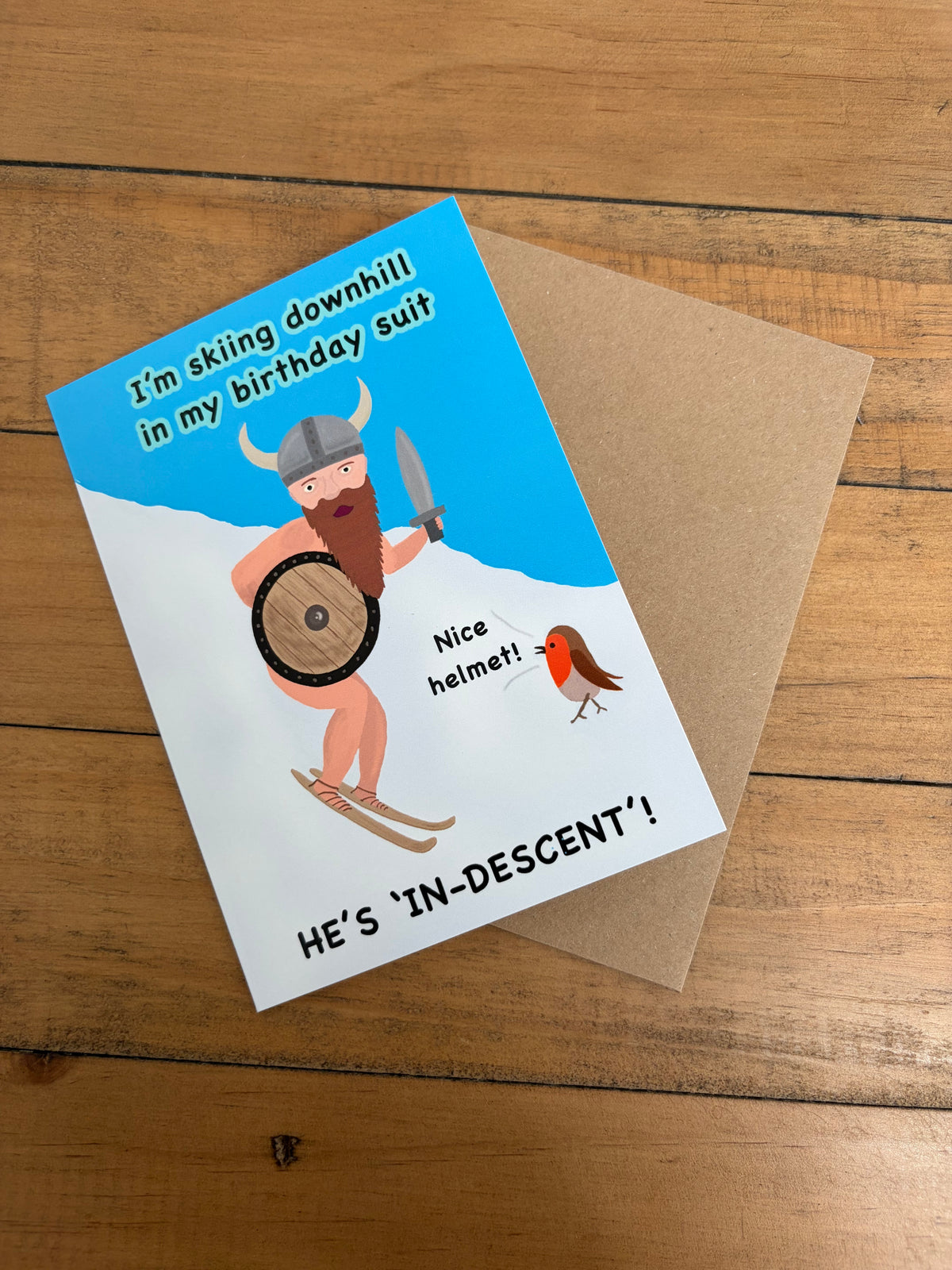 ‘In-descent’ Viking skier birthday card     (inside message: Happy Birthday!)